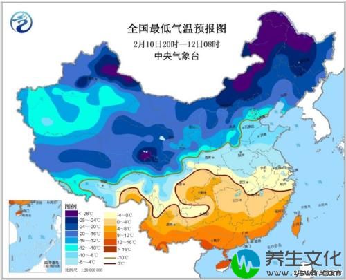 全国最低气温预报图(2月10日20时-12日08时)图片来源：中央气象台